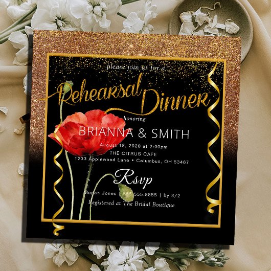 Delicate Gold Calligraphy Rehearsal Dinner Kaart