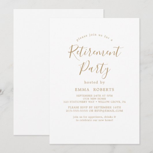 Delicate Gold Calligraphy Retirement Party Kaart (Voorkant / Achterkant)