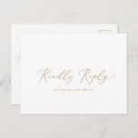 Delicate Gold Calligraphy Song RSVP Briefkaart<br><div class="desc">Dit delicaat goudkalligrafieslied RSVP briefkaart is perfect voor een moderne bruiloft. Het romantische minimalistische ontwerp is voorzien van een mooie en elegante gouden champagne-gele typografie op een witte achtergrond met een schone en eenvoudige look. Bouw je trouwgastenlijst en je dansvloerzang allemaal tegelijk! Dit briefkaart voor trouwreactie vraagt gasten gemakkelijk of...</div>