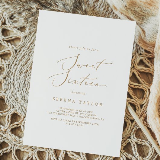Delicate Gold Calligraphy Sweet Sixteen Birthday Kaart
