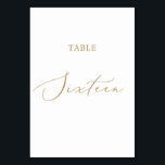 Delicate Gold Calligraphy Table Zestien Kaart<br><div class="desc">Dit delicate goudkalligrafietabel zestien tafelnummer is perfect voor een moderne bruiloft. Het romantische minimalistische ontwerp is voorzien van een mooie en elegante gouden champagne-gele typografie op een witte achtergrond met een schone en eenvoudige look. De prints op de voor- en achterzijde van de kaart (dubbelzijdig). Andere tabelnummers in het collectie...</div>