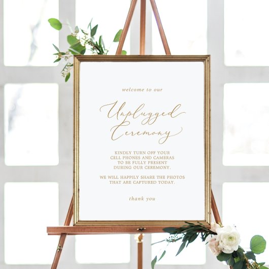 Delicate Gold Calligraphy Unplugged Ceremony Sign Poster
