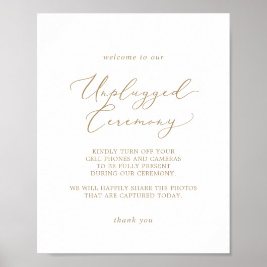 Delicate Gold Calligraphy Unplugged Ceremony Sign Poster (Voorkant)