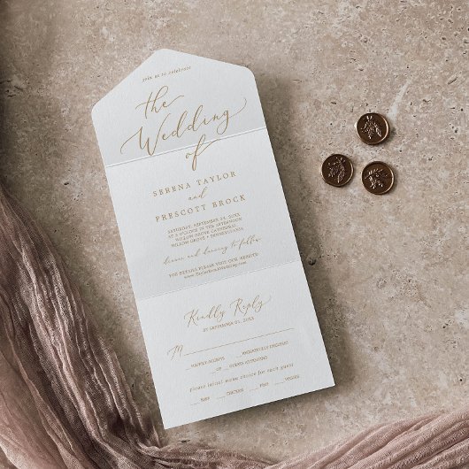 Delicate Gold Calligraphy Wedding All In One Uitnodiging