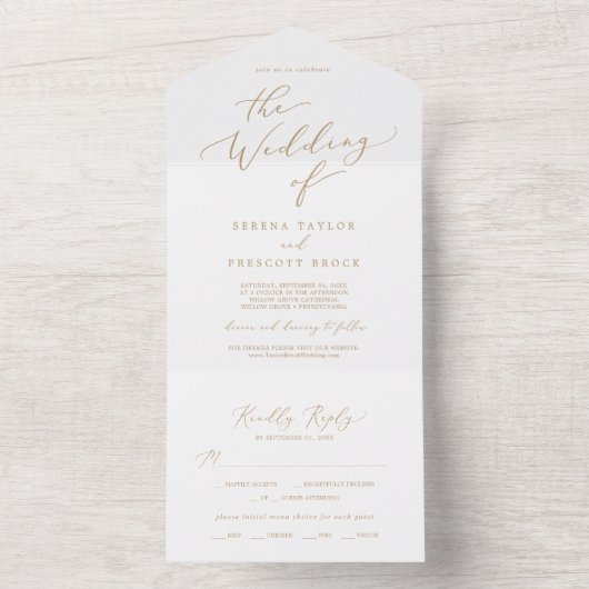 Delicate Gold Calligraphy Wedding All In One Uitnodiging (Binnen)