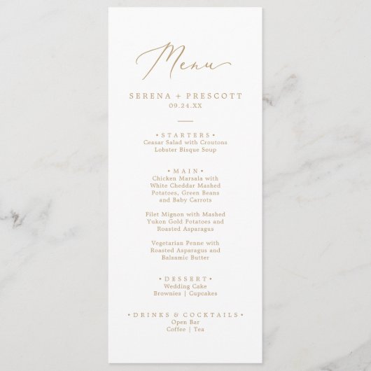 Delicate Gold Calligraphy Wedding Dinner Menu (Voorkant)