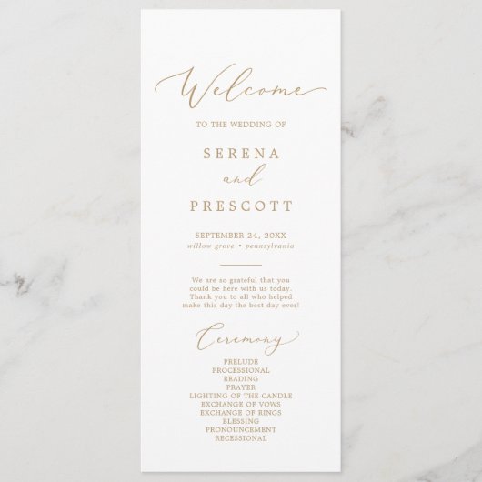 Delicate Gold Calligraphy Wedding Programme Programmakaart (Voorkant)