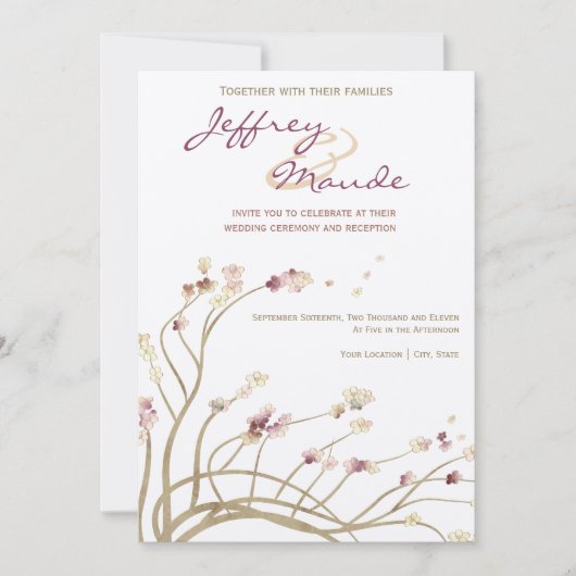 Delicate Gold Cherry Blossom Wedding Invitation Kaart (Voorkant)