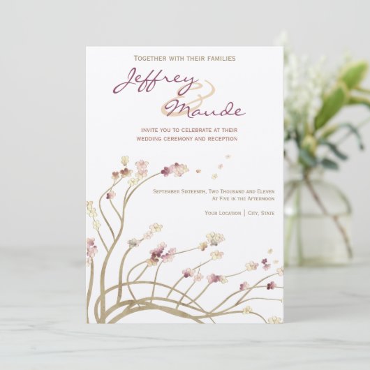 Delicate Gold Cherry Blossom Wedding Invitation Kaart (Staand voorkant)