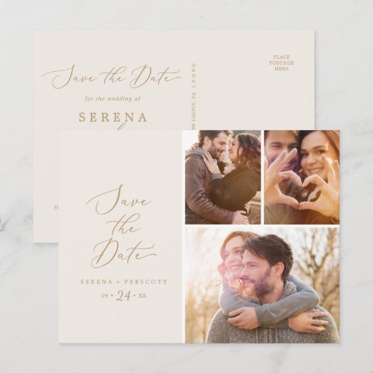 Delicate Gold Cream 3 Photo Collage Save the Date Uitnodiging Briefkaart (Voorkant / Achterkant)
