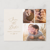 Delicate Gold Cream 3 Photo Collage Save the Date Uitnodiging Briefkaart (Voorkant)