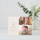 Delicate Gold Cream 3 Photo Collage Save the Date Uitnodiging Briefkaart (Staand voorkant)