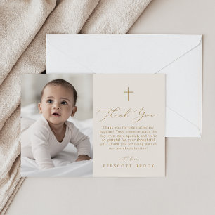 Delicate Gold Cream Foto Eenvoudige Kruisdoop Bedankkaart