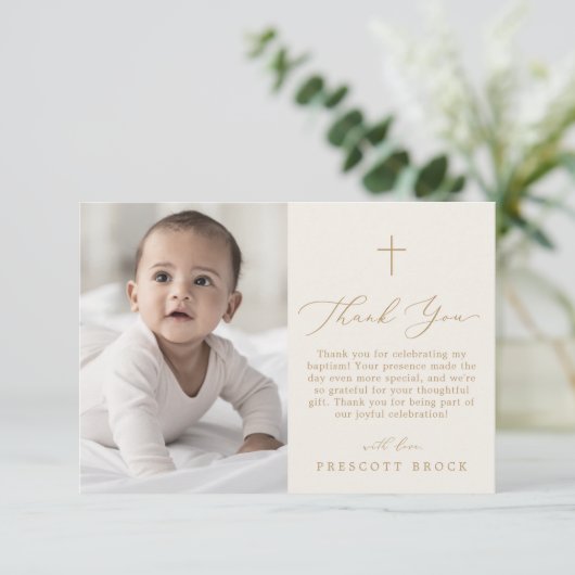 Delicate Gold Cream Foto Eenvoudige Kruisdoop Bedankkaart (Staand voorkant)