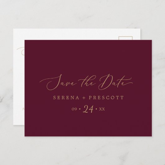 Delicate Gold en Bourgogne Save the Date Briefkaar Uitnodiging Briefkaart (Voorkant / Achterkant)