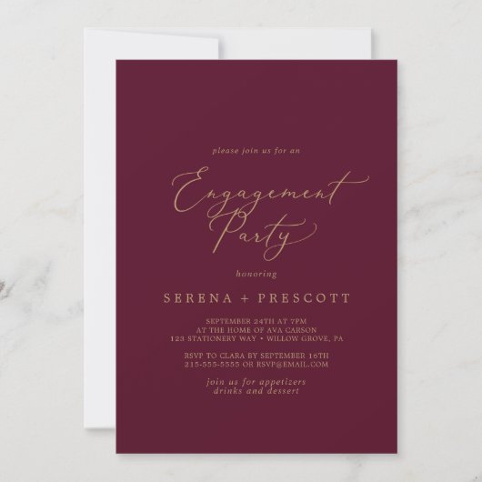 Delicate Gold en Burgundy Engagement Party Kaart (Voorkant)