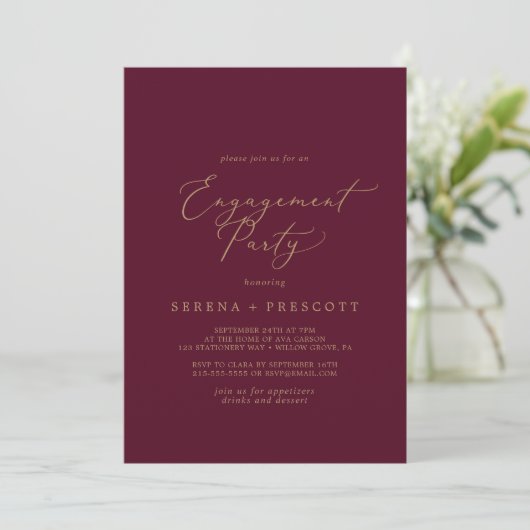 Delicate Gold en Burgundy Engagement Party Kaart (Staand voorkant)