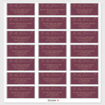 Delicate Gold- en Burgundy Guest-Adresetiketten Sticker<br><div class="desc">Deze delicate adresetiketten voor het goud en de bruidsbruidebruidebruidsschat zijn perfect voor een moderne bruiloft. Het romantische minimalistische design is voorzien van een mooie en elegante gouden gele champagne-typografie op een roodbruine achtergrond met een schone en eenvoudige look. Pas elk etiket met de naam en het adres van uw gasten...</div>