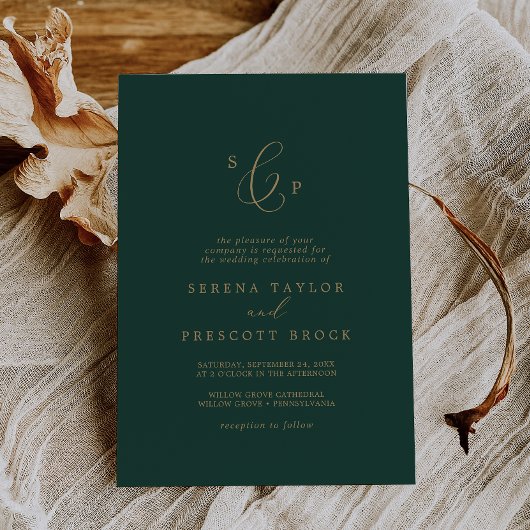 Delicate Gold en Green Formal Monogram Weddenschap Kaart