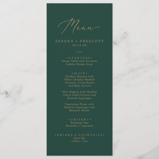 Delicate Gold en Green Wedding Dinner Menu (Voorkant)