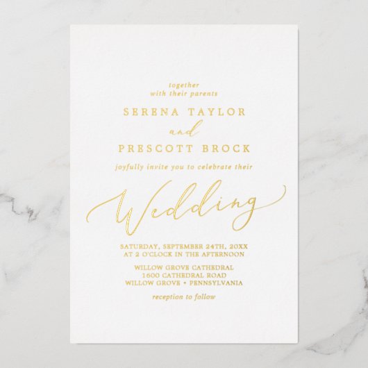 Delicate Gold Foil Calligraphy Wedding Folie Uitnodiging (Voorkant)