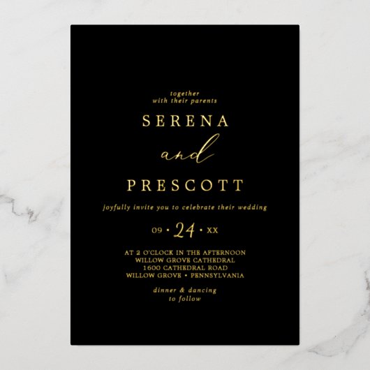 Delicate Gold Foil | Casual zwart huwelijk Folie Uitnodiging (Voorkant)