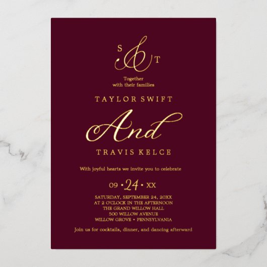 Delicate Gold Foil Formal Monogram Weddenschap Folie Uitnodiging (Voorkant)