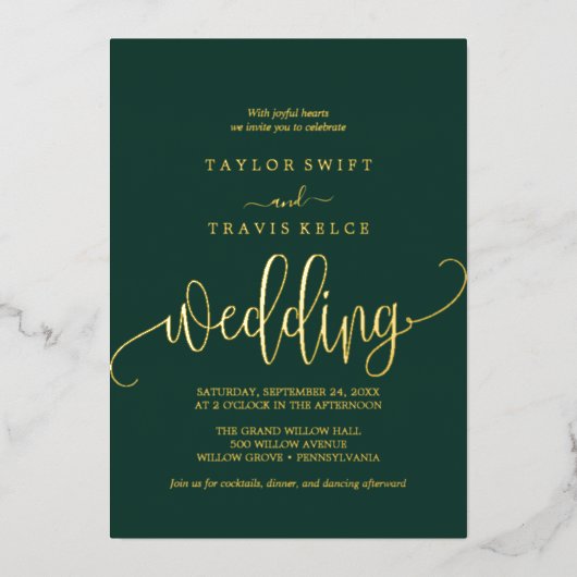 Delicate Gold Foil-kalligrafie | Emerald Wedding Folie Uitnodiging (Voorkant)