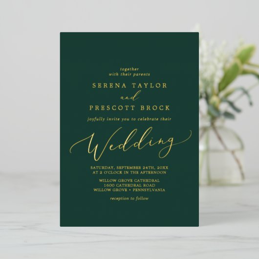 Delicate Gold Foil-kalligrafie | Emerald Wedding Folie Uitnodiging (Staand Voorkant)