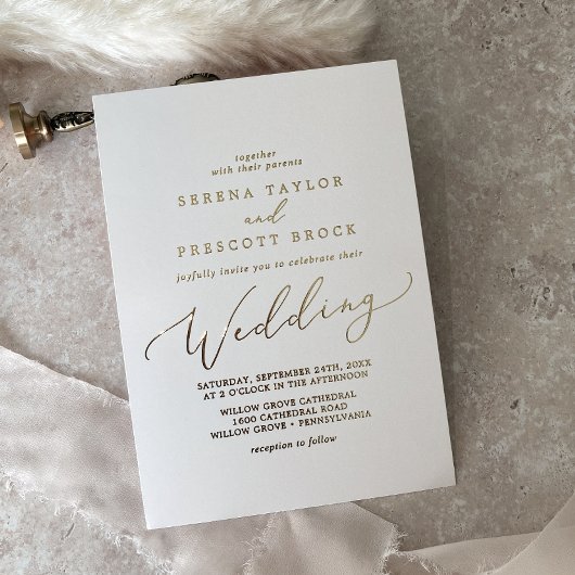 Delicate Gold Foil-kalligrafie | Ivory Wedding Folie Uitnodiging