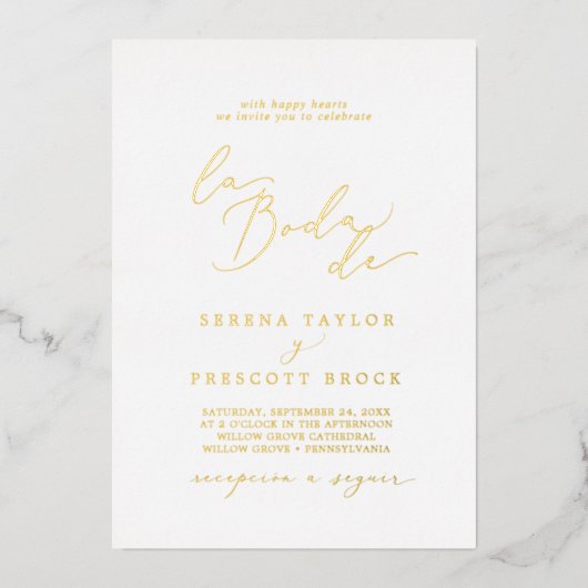 Delicate Gold Foil kalligrafie La Boda De Wedding Folie Uitnodiging (Voorkant)