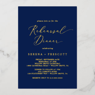 Delicate Gold Foil   Navy Blue Rehearsal Dinner Folie Uitnodiging