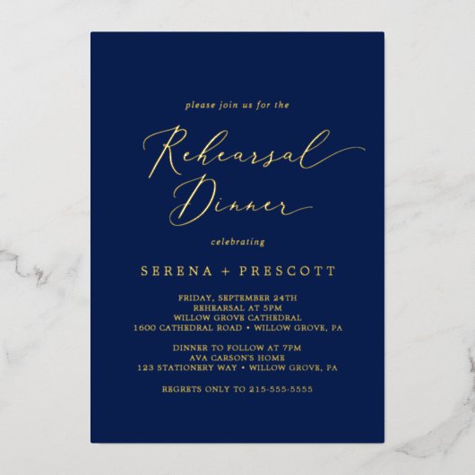 Delicate Gold Foil | Navy Blue Rehearsal Dinner Folie Uitnodiging (Voorkant)