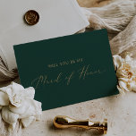 Delicate Gold Green Maid of Honor proposal Kaart<br><div class="desc">Deze delicate gouden en groene kaart voor eervoorstellen is perfect voor een moderne bruiloft. Het romantische minimalistische design is voorzien van een mooie en elegante gouden gouden champagne-typografie op een groene achtergrond met een schone en eenvoudige look. Pas de kaart aan met de naam van de bruid en het dienstmeisje....</div>