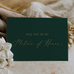 Delicate Gold Green Matron of Honor proposal Kaart<br><div class="desc">Deze delicate gouden en groene matron van eer is perfect voor een moderne bruiloft. Het romantische minimalistische design is voorzien van een mooie en elegante gouden gouden champagne-typografie op een groene achtergrond met een schone en eenvoudige look. Pas de kaart aan met de naam van de bruid en de matron...</div>