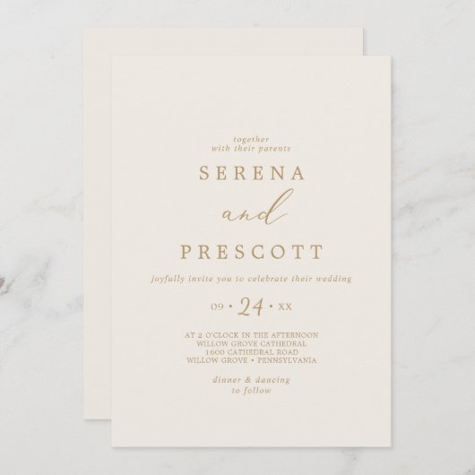 Delicate Gold-kalligrafie | Casual huwelijk tussen Kaart (Voorkant / Achterkant)