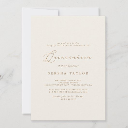 Delicate Gold-kalligrafie | Cream Quinceañera Kaart (Voorkant)