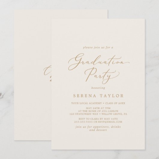 Delicate Gold-kalligrafie | Crème Graduation Party Kaart (Voorkant / Achterkant)
