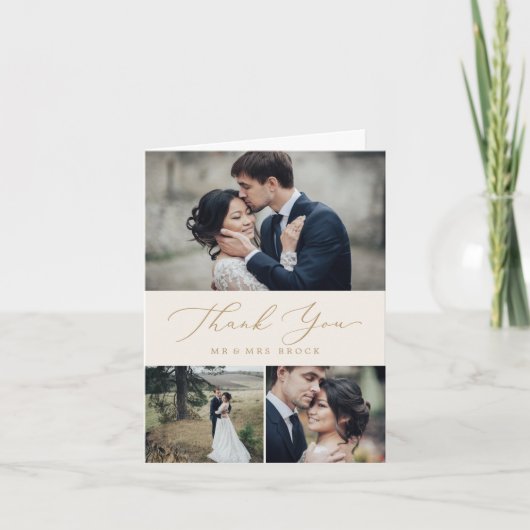 Delicate Gold-kalligrafie | Fotocollage van Cream  Bedankkaart (Voorkant)