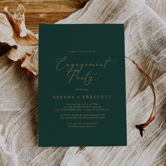 Delicate Gold-kalligrafie | Green Engagement Party Kaart