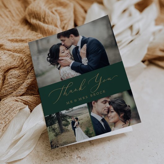 Delicate Gold-kalligrafie | Groen 3 Fotocollage Bedankkaart