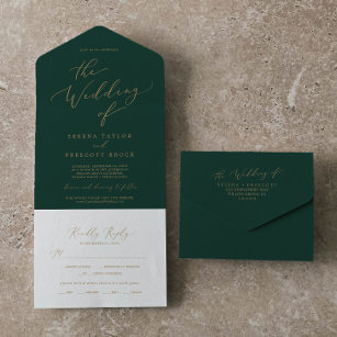Delicate Gold-kalligrafie   Groen huwelijk All In One Uitnodiging