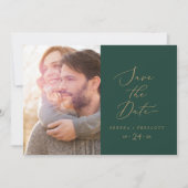 Delicate Gold-kalligrafie | Groene foto Save The Date (Voorkant)