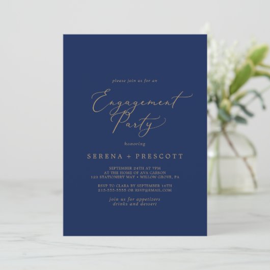Delicate Gold-kalligrafie | Navy Engagement Party Kaart (Staand voorkant)