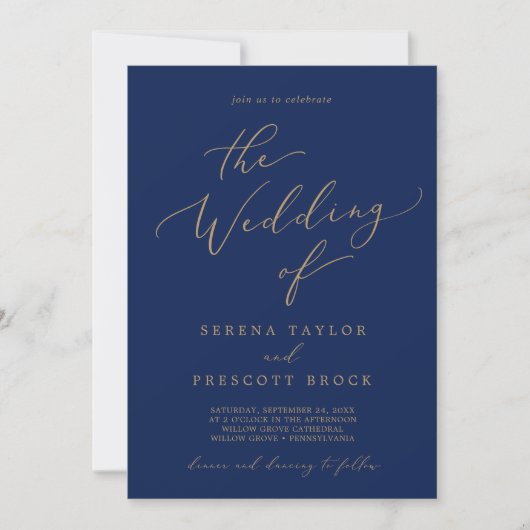 Delicate Gold-kalligrafie | Navy the Wedding of Kaart (Voorkant)