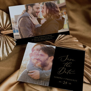 Delicate Gold-kalligrafie   Zwarte foto Save The Date