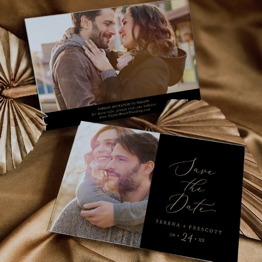 Delicate Gold-kalligrafie | Zwarte foto Save The Date