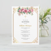 Delicate Gold Lijst Pink Roses Katholieke doop Kaart (Staand voorkant)