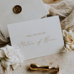 Delicate Gold Matron of Honor proposal Kaart<br><div class="desc">Deze delicate gouden matron van eer is perfect voor een moderne bruiloft. Het romantische minimalistische ontwerp is voorzien van een mooie en elegante gouden champagne-gele typografie op een witte achtergrond met een schone en eenvoudige look. Pas de kaart aan met de naam van de bruid en de matron van eer....</div>