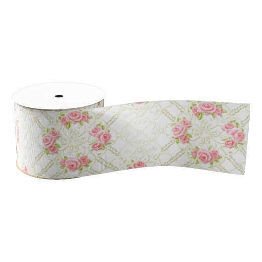 Delicate Gold Scrollwork & Pink Roses Floral Grosgrain Lint (Spoel)